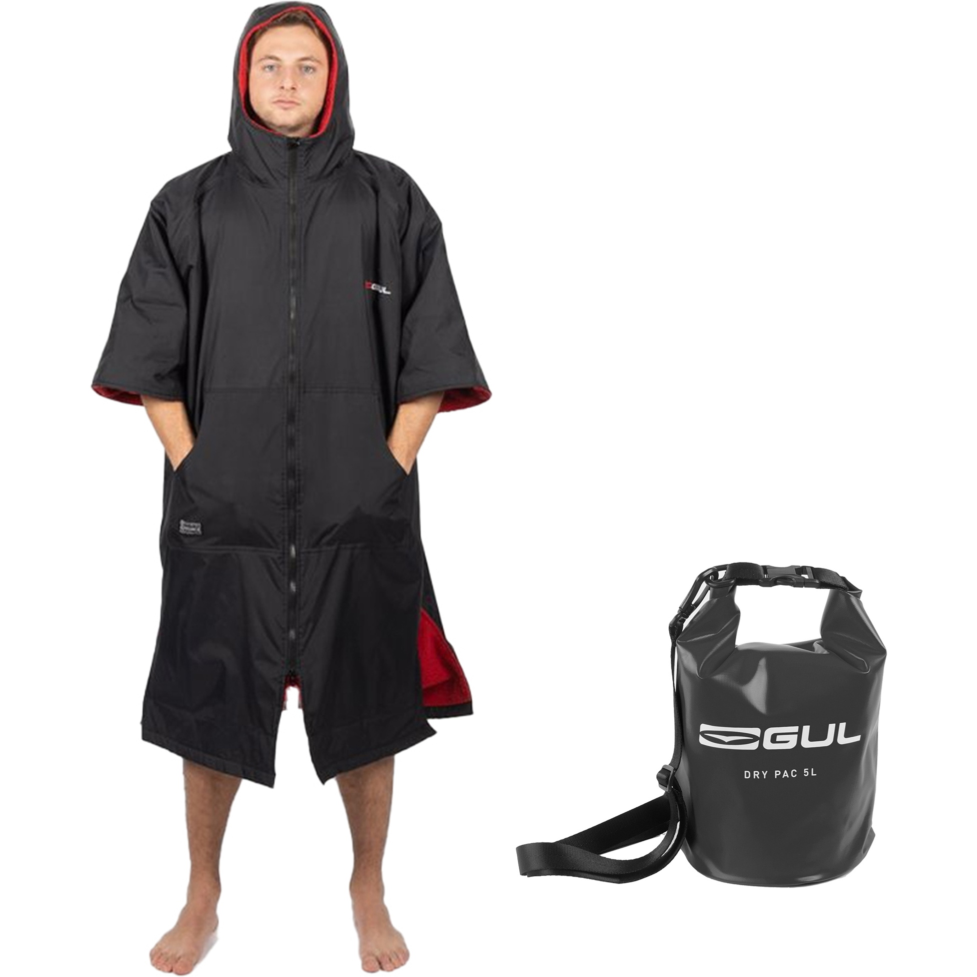 2025 GUL Evorobe Hooded Changing Robe & Gul 5L Heavy Duty Dry Bag Bundle AC0128NAV1 - Black / Red